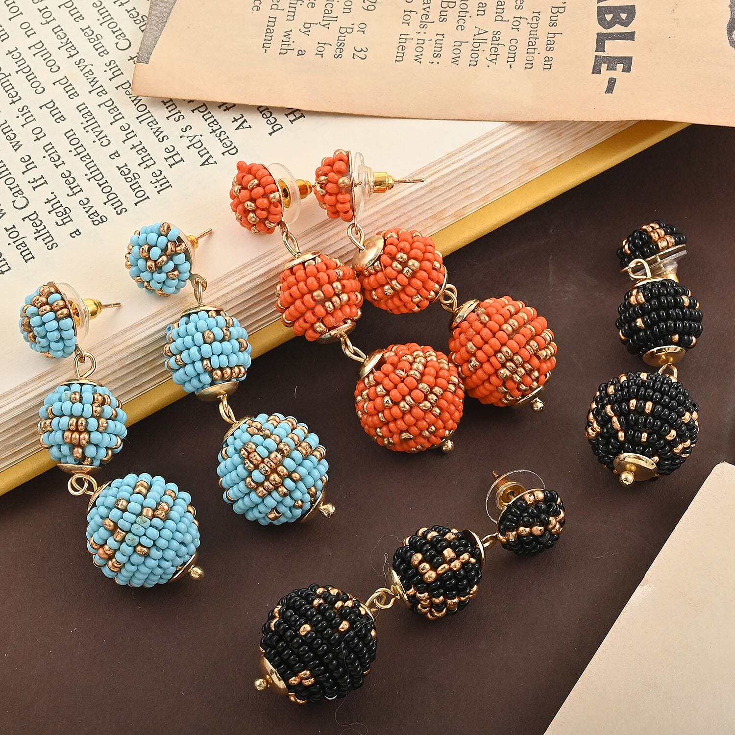 Set of 3 Turquoise, Black and Orange Color Seed Beaded Earrings in Goldtone