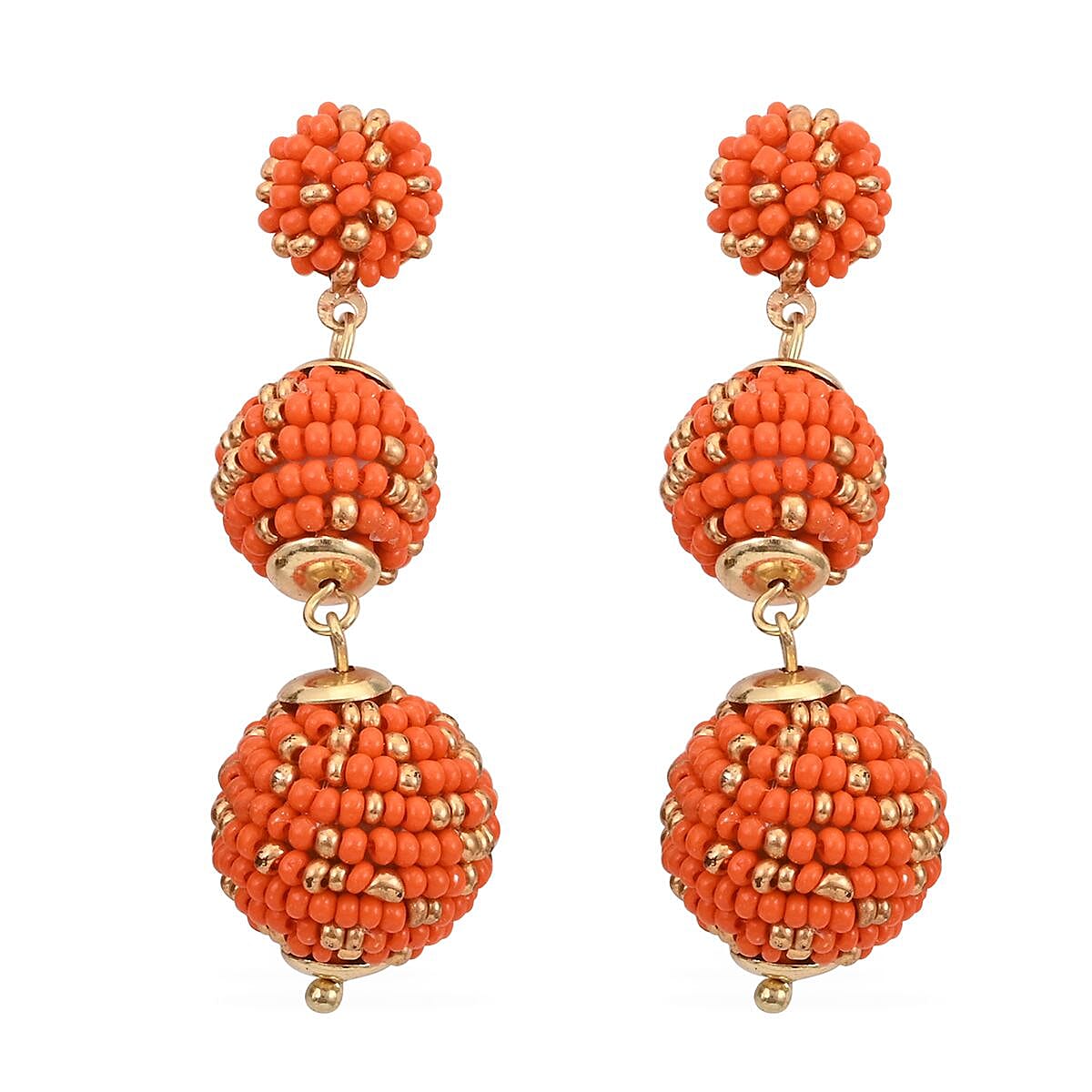 Set of 3 Turquoise, Black and Orange Color Seed Beaded Earrings in Goldtone
