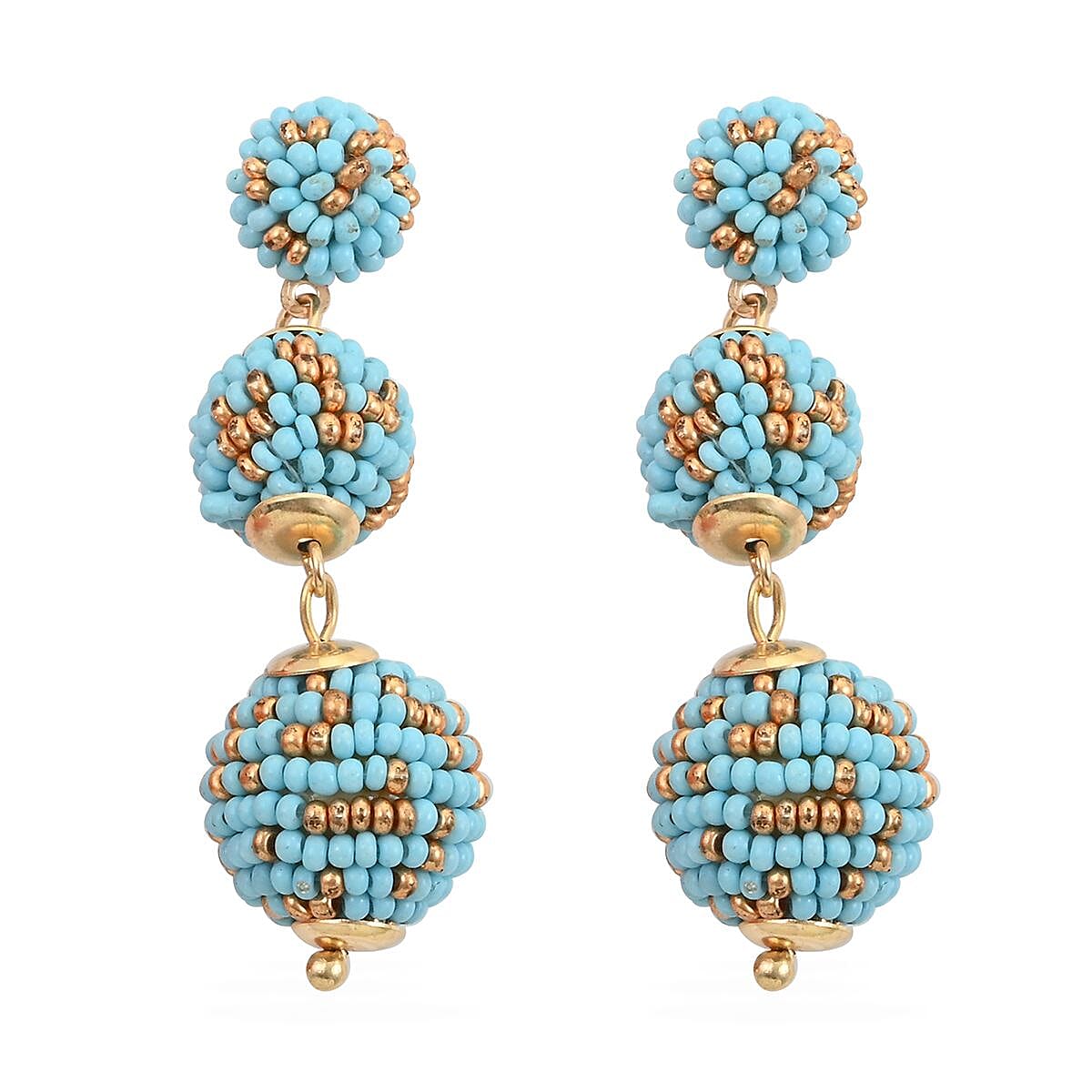 Set of 3 Turquoise, Black and Orange Color Seed Beaded Earrings in Goldtone