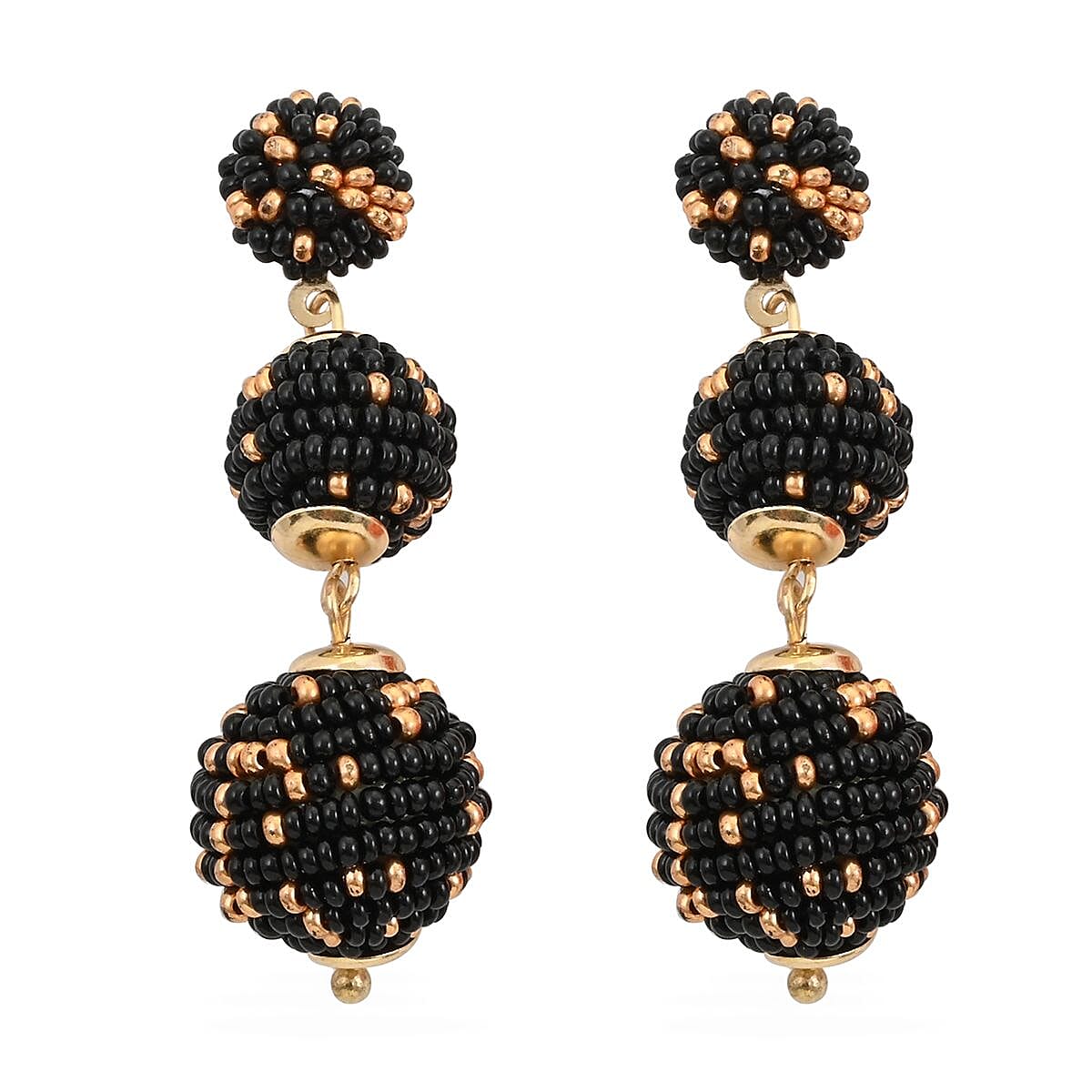 Set of 3 Turquoise, Black and Orange Color Seed Beaded Earrings in Goldtone