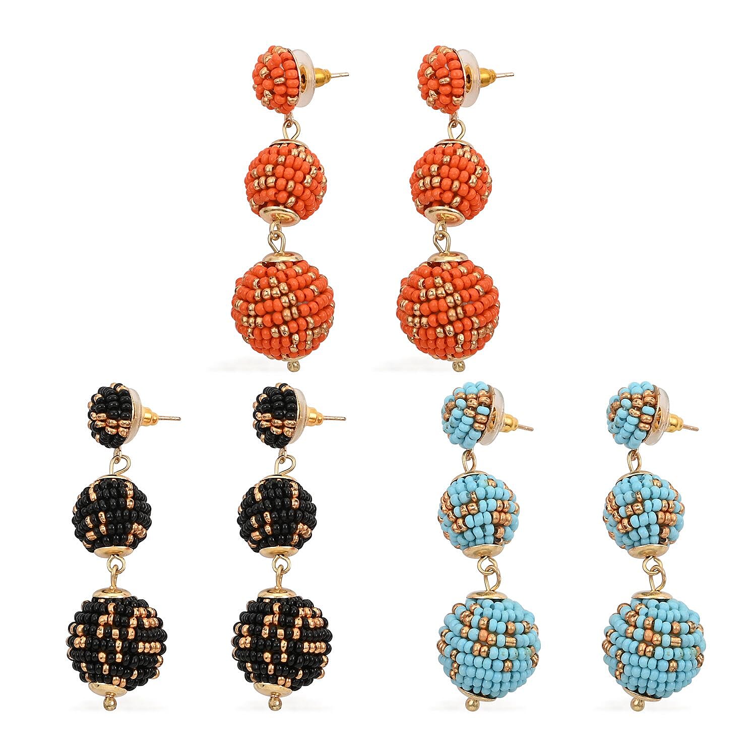 Set of 3 Turquoise, Black and Orange Color Seed Beaded Earrings in Goldtone