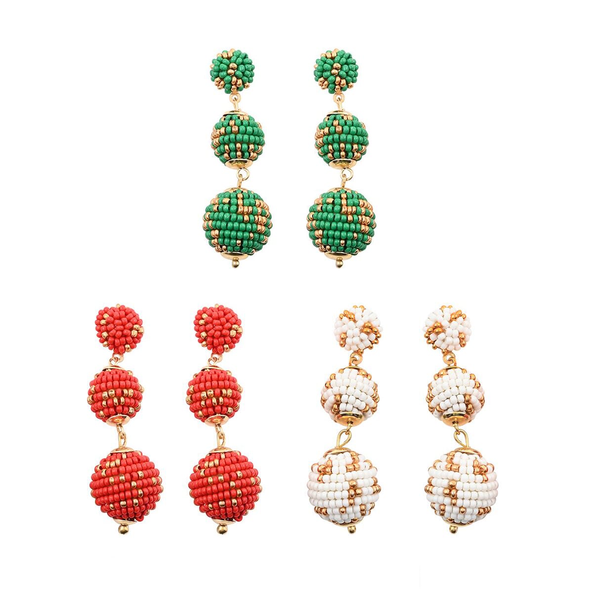 Set of 3 Red, Green, and White Color Seed Beaded Earrings in Goldtone image number 0