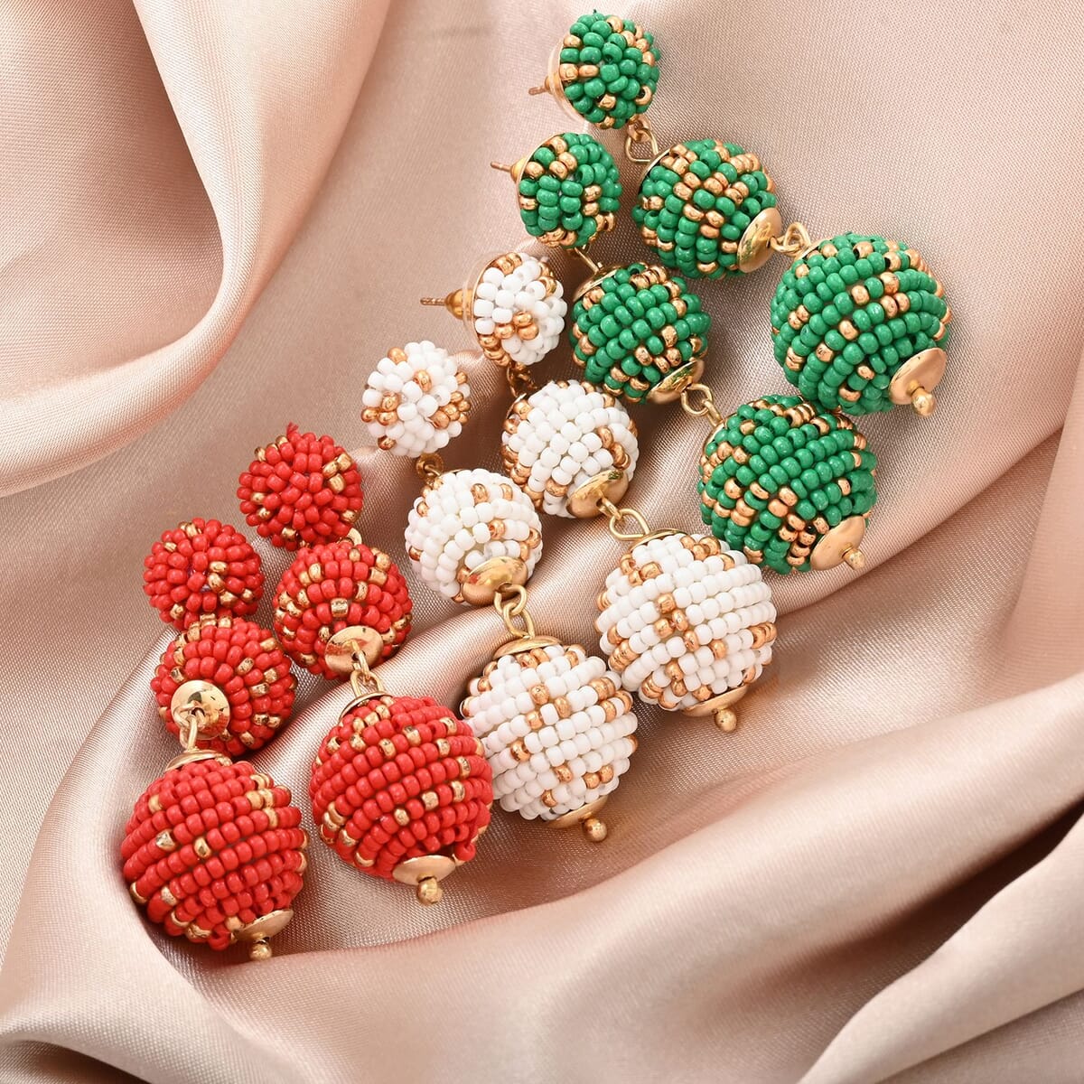 Set of 3 Red, Green, and White Color Seed Beaded Earrings in Goldtone image number 1