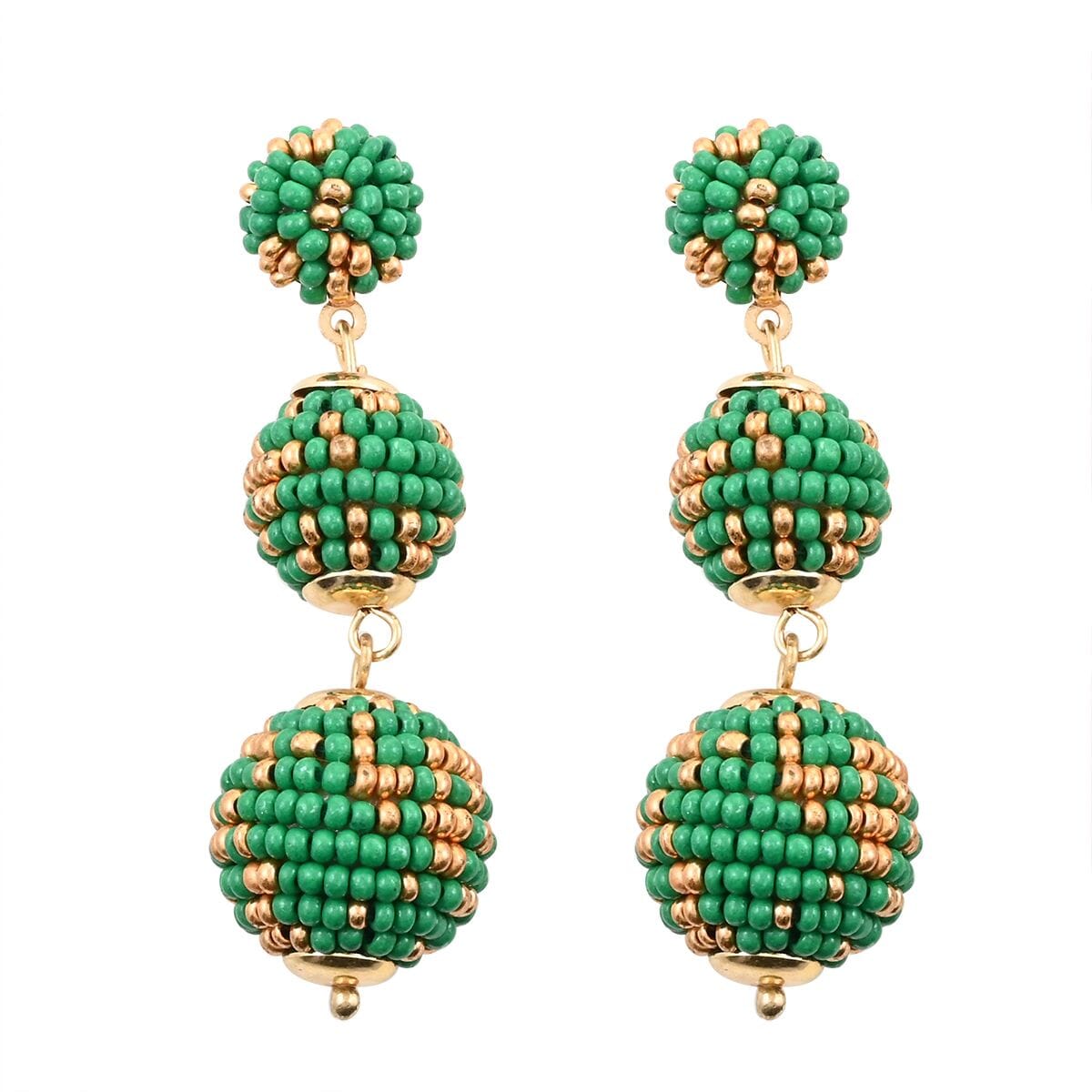 Set of 3 Red, Green, and White Color Seed Beaded Earrings in Goldtone image number 2
