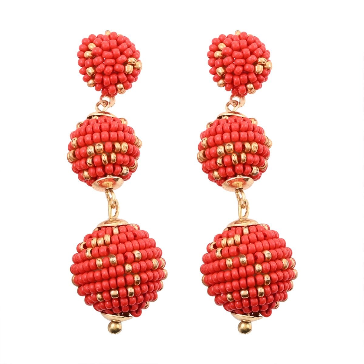 Set of 3 Red, Green, and White Color Seed Beaded Earrings in Goldtone image number 4