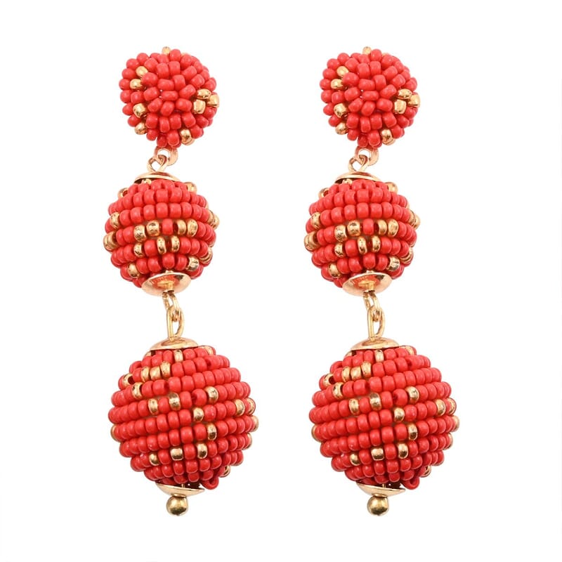 Set of 3 Red, Green, and White Color Seed Beaded Earrings in Goldtone