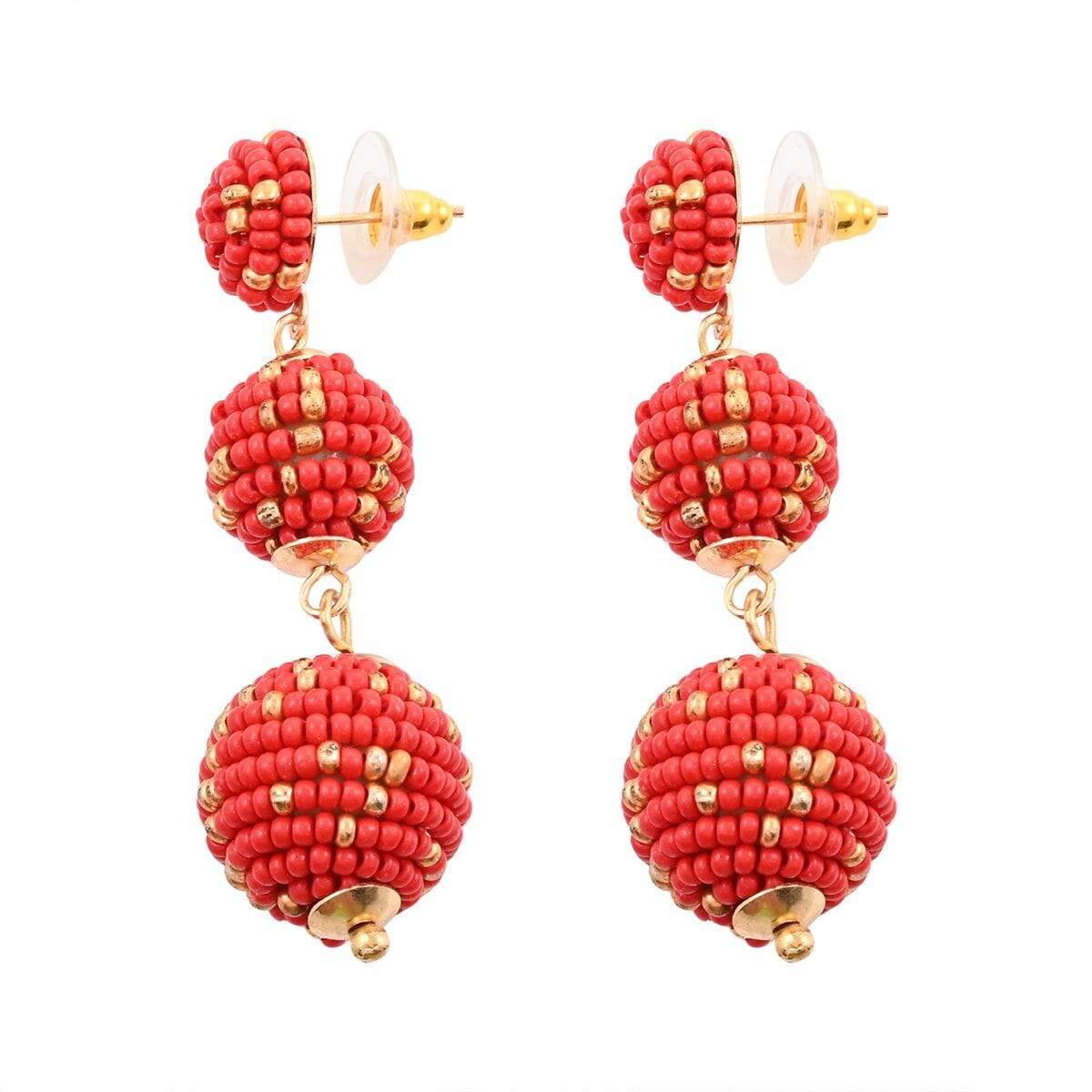 Set of 3 Red, Green, and White Color Seed Beaded Earrings in Goldtone image number 5