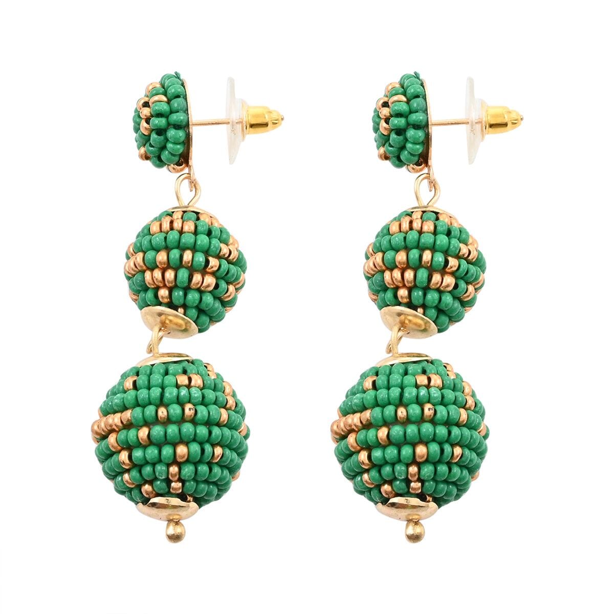 Set of 3 Red, Green, and White Color Seed Beaded Earrings in Goldtone image number 7