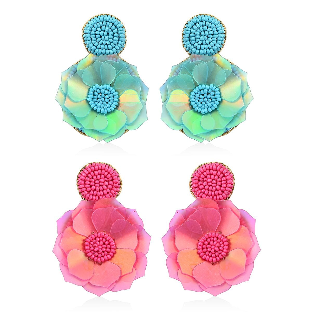 Set of 2 Seed Beaded Floral Earrings in Goldtone