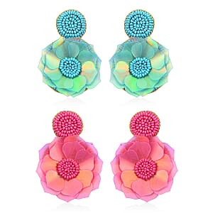 Set of 2 Seed Beaded Floral Earrings in Goldtone