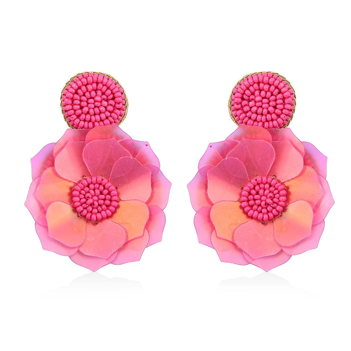 Set of 2 Seed Beaded Floral Earrings in Goldtone
