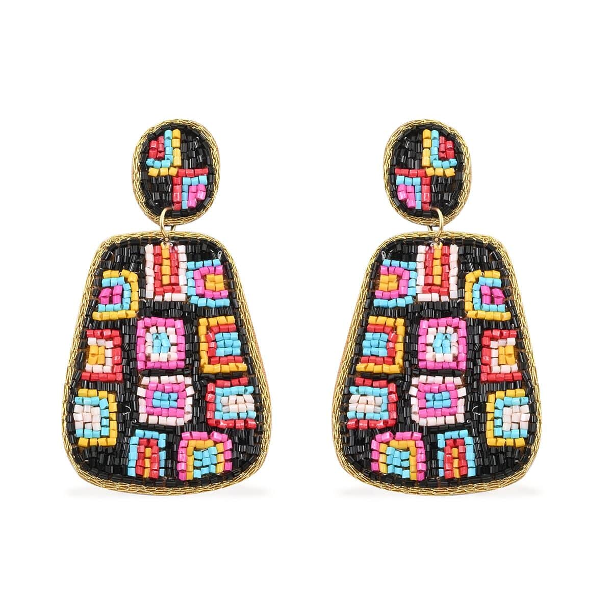 Set of 2 Multi Color Seed Beaded Earrings in Goldtone image number 2