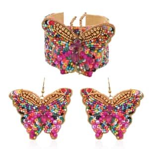 Set of 2 Multi Color Seed Beaded Butterfly Cuff Bracelet and Earrings in Goldtone