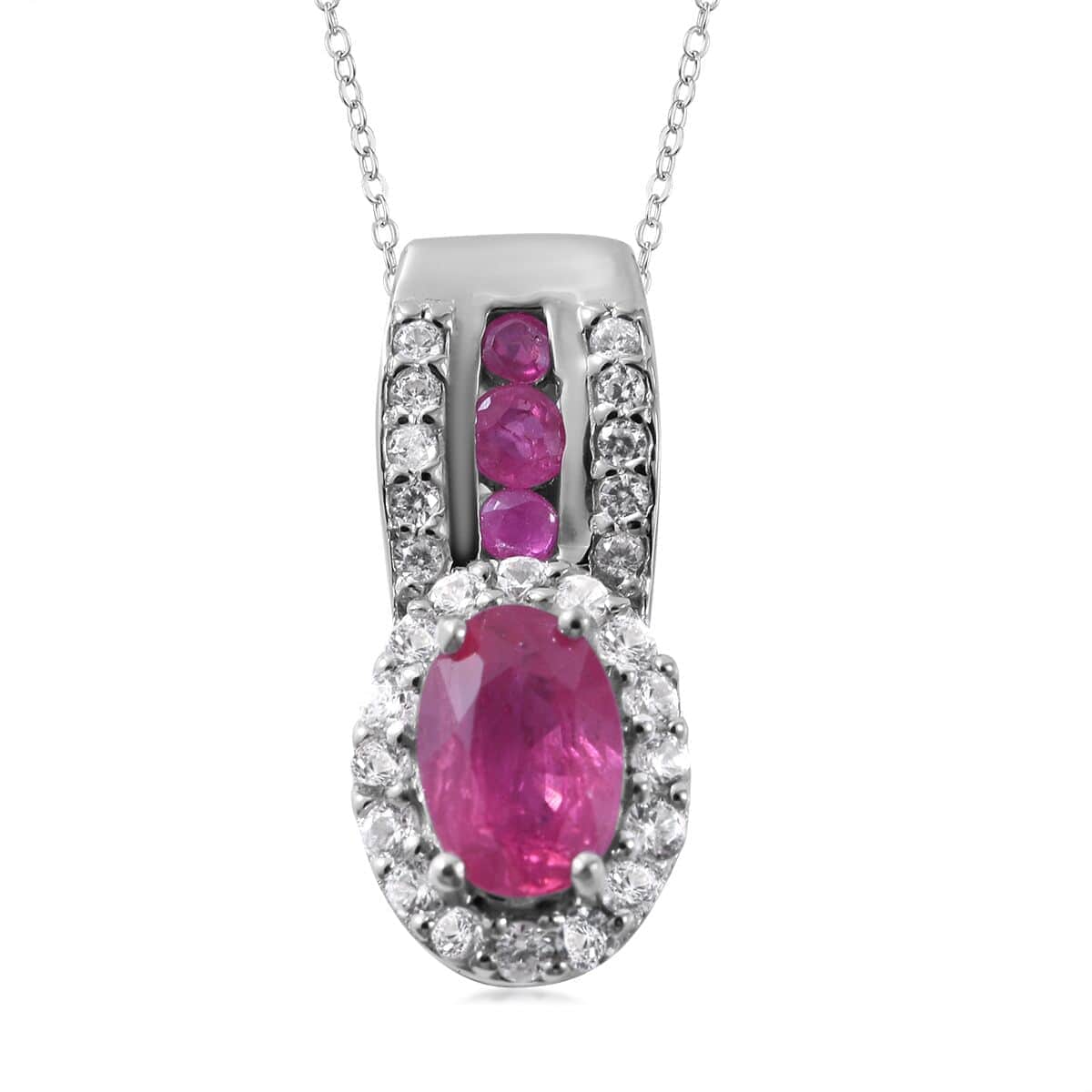 Premium Montepuez Ruby and White Zircon Pendant Necklace 18 Inches in Platinum Over Sterling Silver 1.65 ctw image number 0