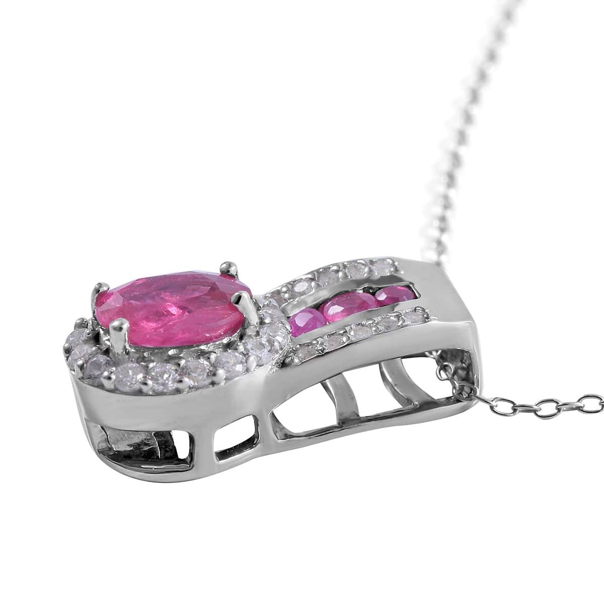 Premium Montepuez Ruby and White Zircon Pendant Necklace 18 Inches in Platinum Over Sterling Silver 1.65 ctw image number 2