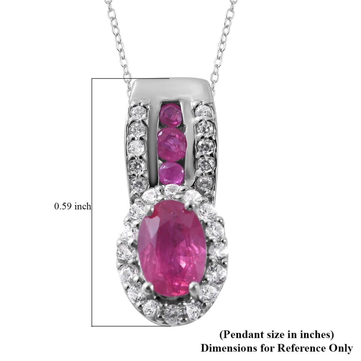 Premium Montepuez Ruby and White Zircon Pendant Necklace 18 Inches in Platinum Over Sterling Silver 1.65 ctw image number 5