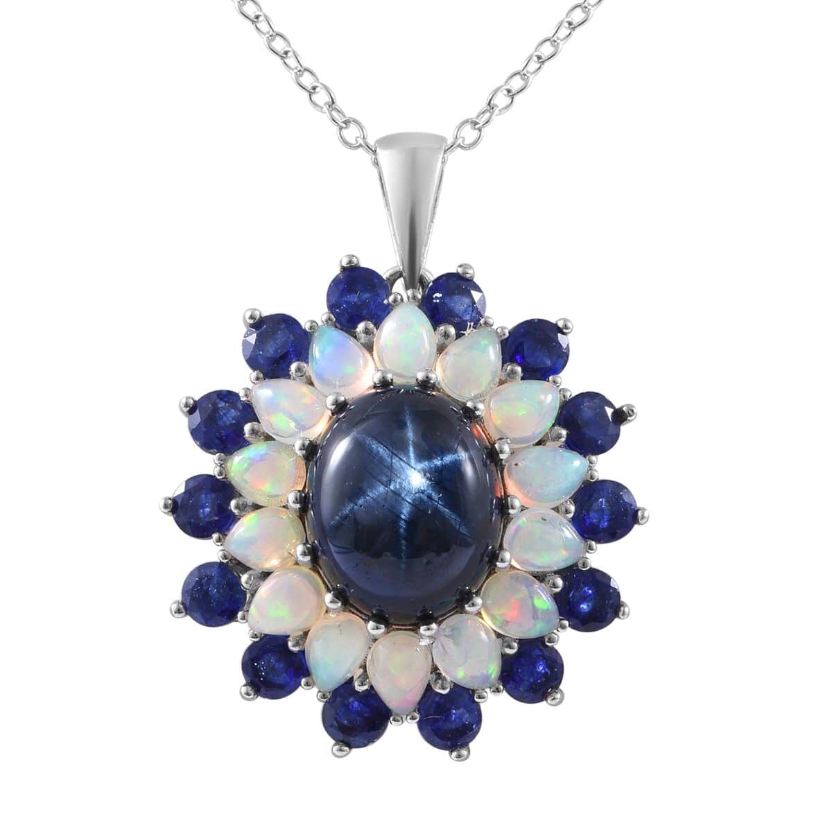 Blue Star Sapphire (DF), Multi Gemstone Floral Pendant Necklace (18 Inches) in Platinum Over Sterling Silver image number 0