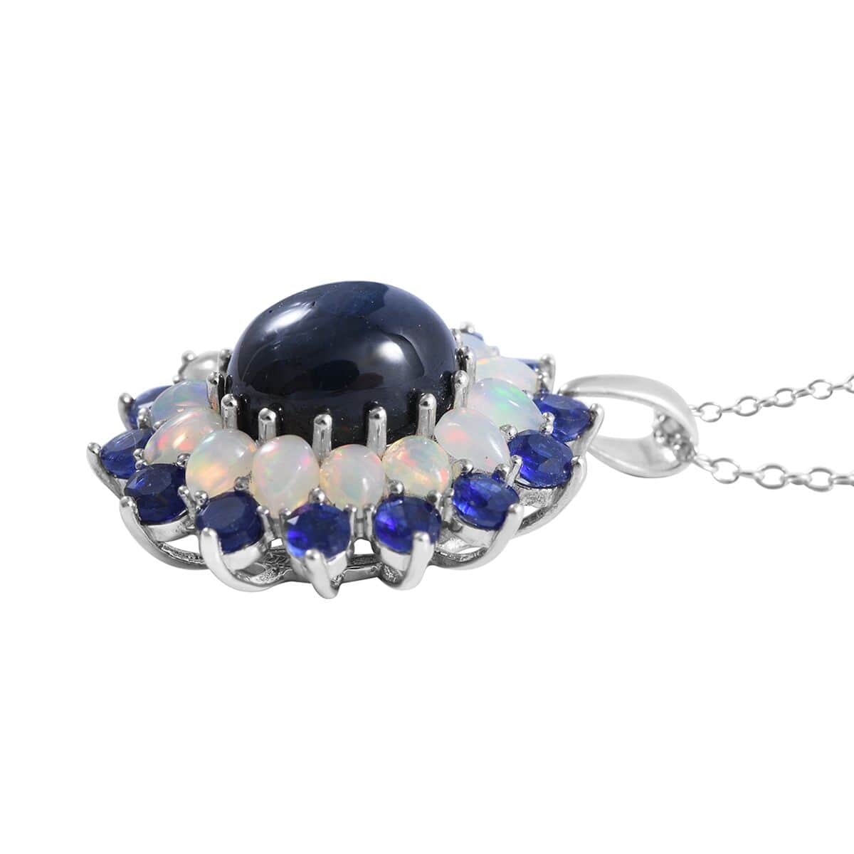 Blue Star Sapphire (DF), Multi Gemstone Floral Pendant Necklace (18 Inches) in Platinum Over Sterling Silver image number 2