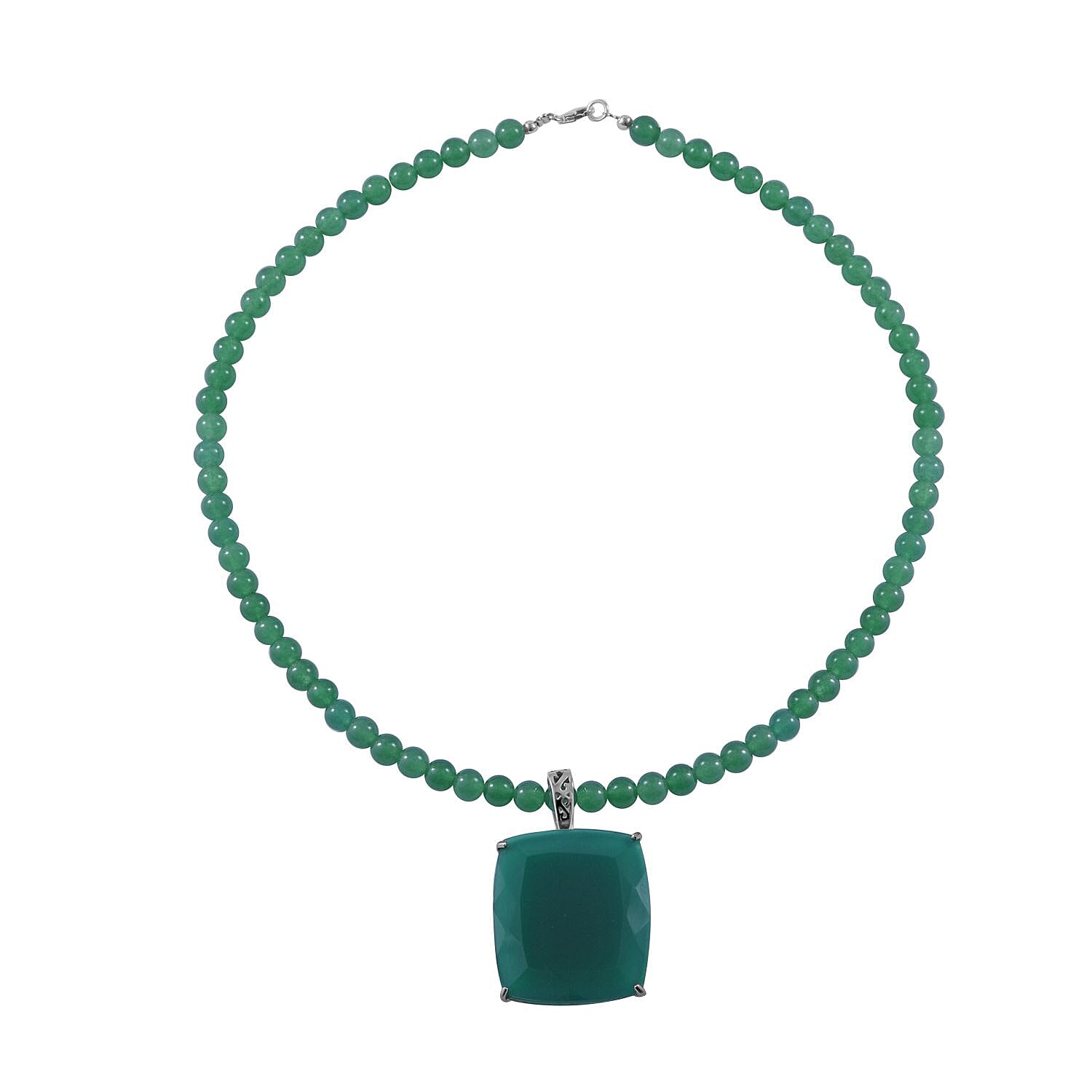 Verde Onyx Pendant with Beaded Necklace 18 Inches in Platinum Over Sterling Silver 150.00 ctw