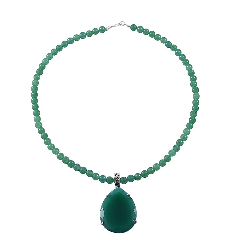 Verde Onyx Pendant with Beaded Necklace 18 Inches in Platinum Over Sterling Silver 8.25 Grams 150.00 ctw