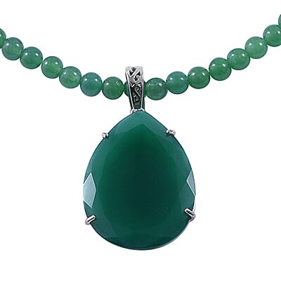 Verde Onyx Pendant with Beaded Necklace 18 Inches in Platinum Over Sterling Silver 8.25 Grams 150.00 ctw
