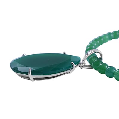 Verde Onyx Pendant with Beaded Necklace 18 Inches in Platinum Over Sterling Silver 8.25 Grams 150.00 ctw
