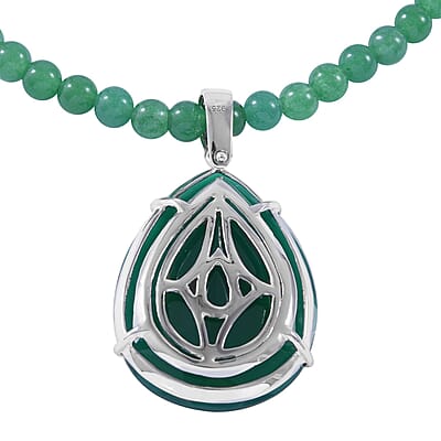 Verde Onyx Pendant with Beaded Necklace 18 Inches in Platinum Over Sterling Silver 8.25 Grams 150.00 ctw