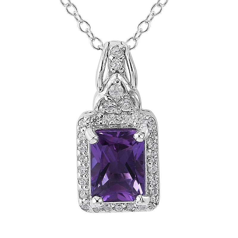 Uruguayan Amethyst and White Zircon Pendant Necklace 18 Inches in Platinum Over Sterling Silver 1.85 ctw