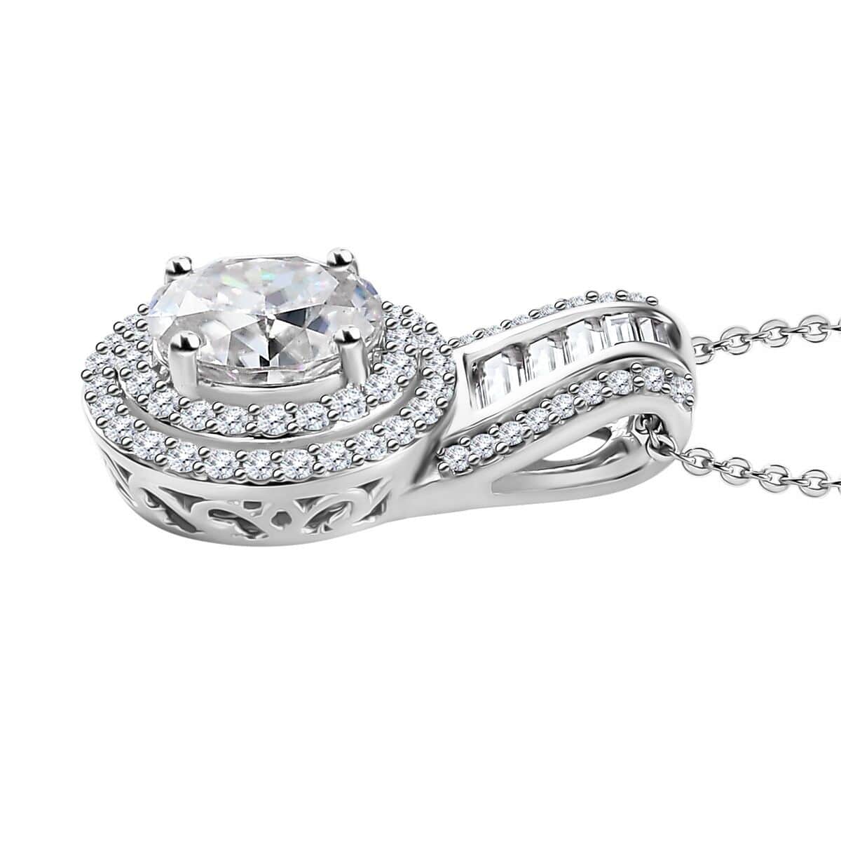 Moissanite Double Halo Pendant Necklace 20 Inches in Platinum Over Sterling Silver 3.10 ctw image number 3