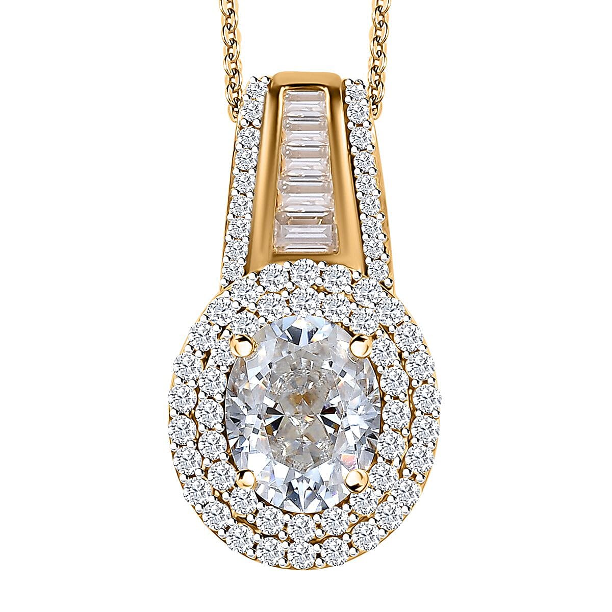 Moissanite Double Halo Pendant Necklace 20 Inches in Vermeil Yellow Gold Over Sterling Silver 3.10 ctw image number 0
