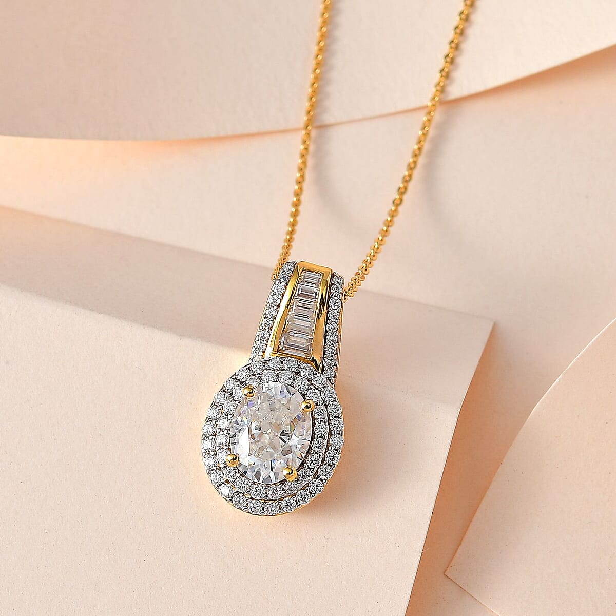 Moissanite Double Halo Pendant Necklace 20 Inches in Vermeil Yellow Gold Over Sterling Silver 3.10 ctw image number 1