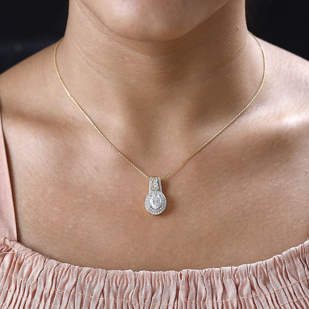 Moissanite Double Halo Pendant Necklace 20 Inches in Vermeil Yellow Gold Over Sterling Silver 3.10 ctw image number 2