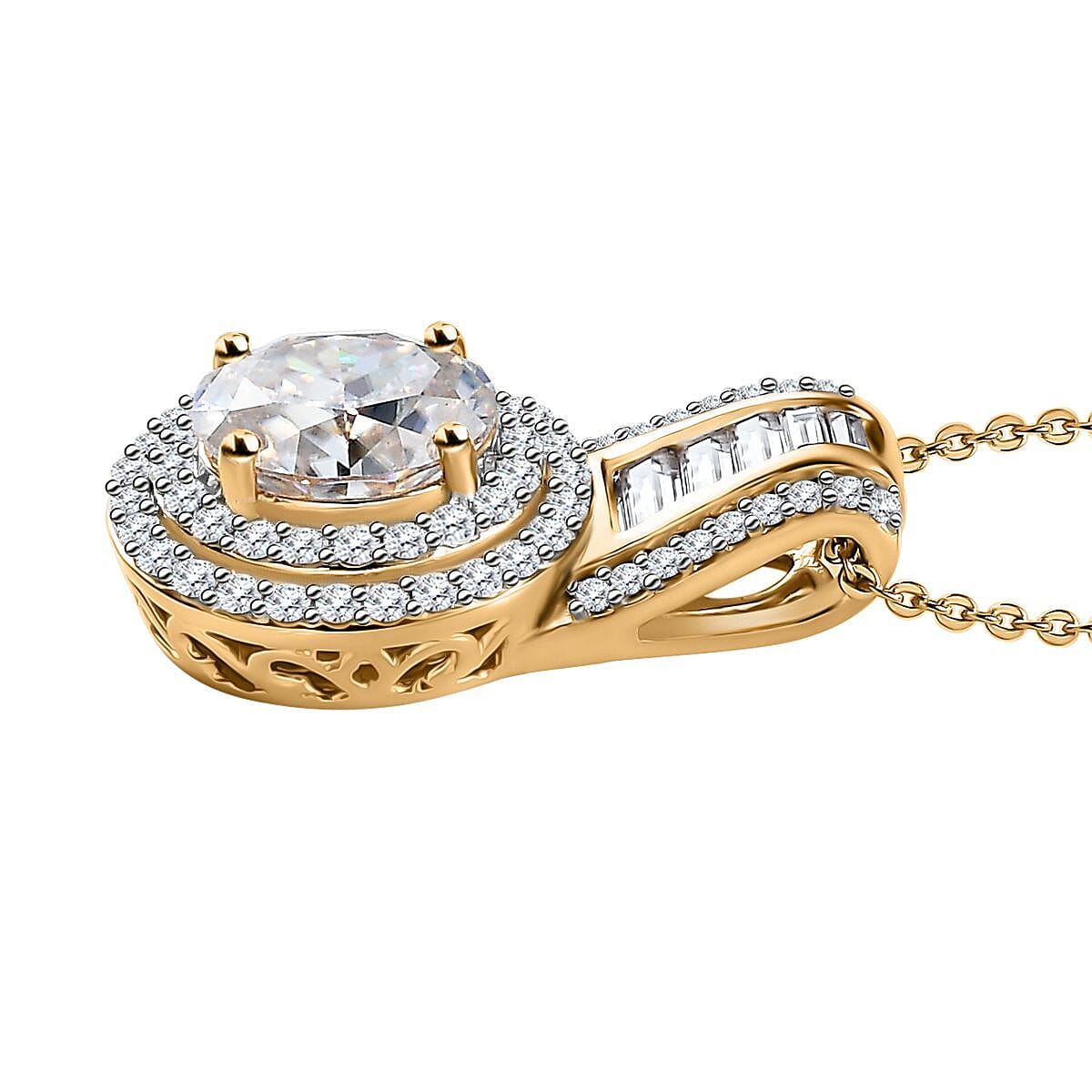 Moissanite Double Halo Pendant Necklace 20 Inches in Vermeil Yellow Gold Over Sterling Silver 3.10 ctw image number 3