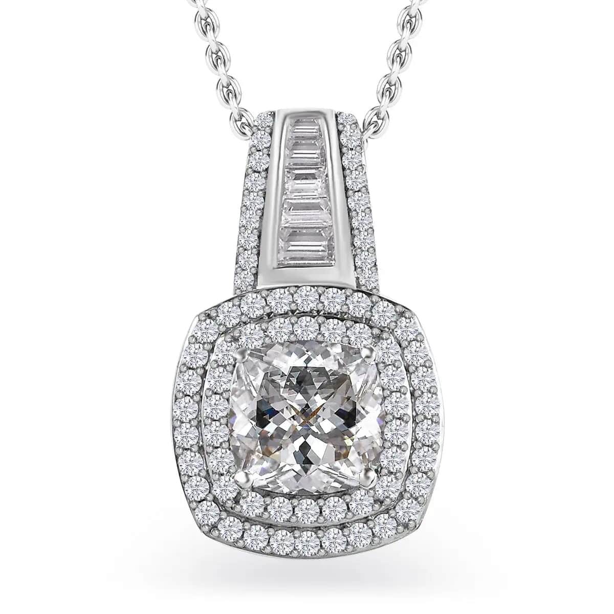 Moissanite Double Halo Pendant Necklace 20 Inches in Platinum Over Sterling Silver 3.20 ctw image number 0