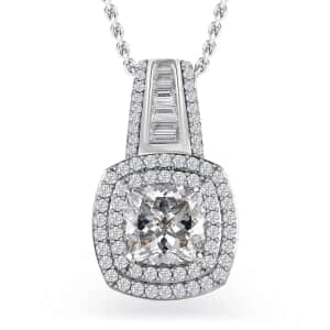 Moissanite Double Halo Pendant Necklace 20 Inches in Platinum Over Sterling Silver 3.20 ctw