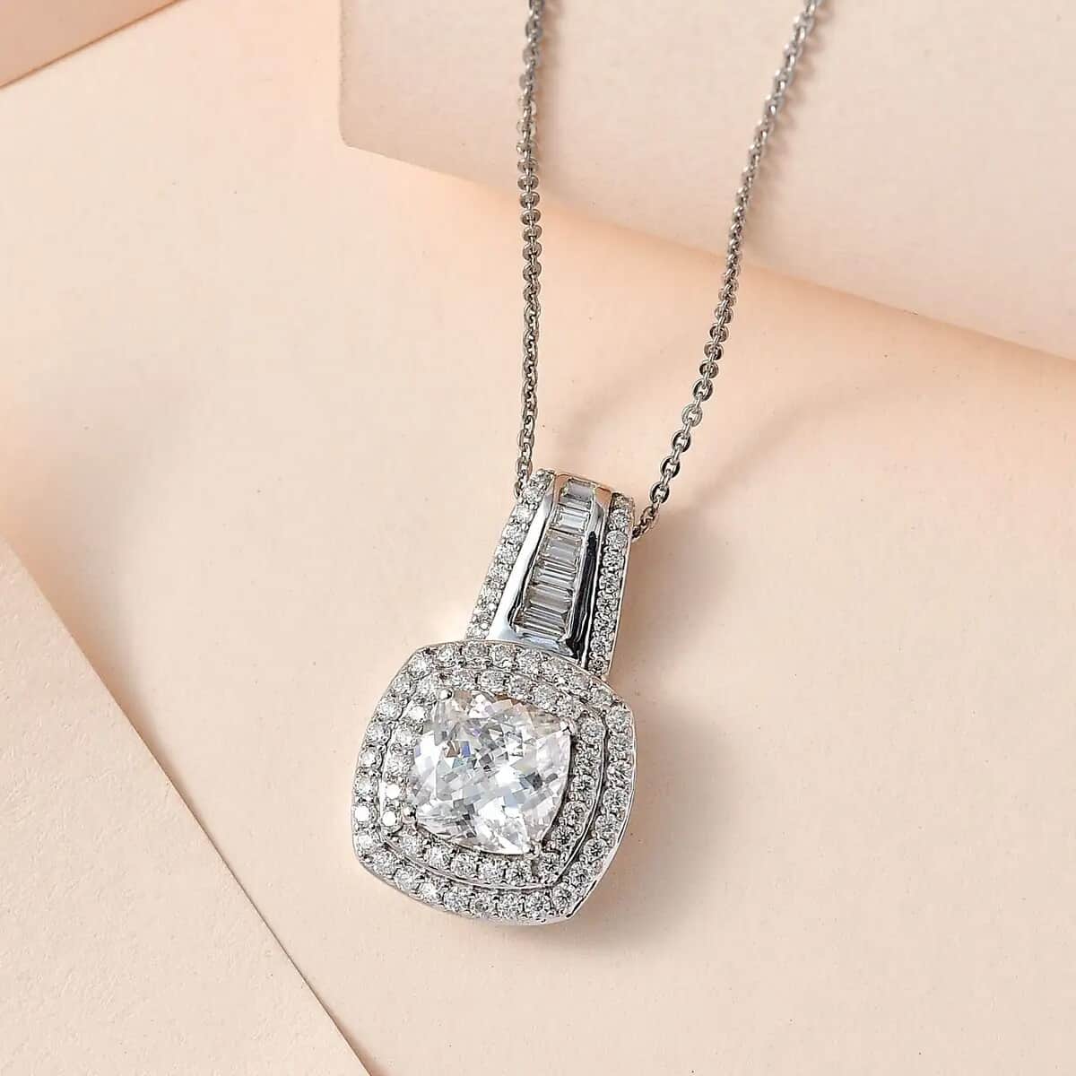 Moissanite Double Halo Pendant Necklace 20 Inches in Platinum Over Sterling Silver 3.20 ctw image number 1