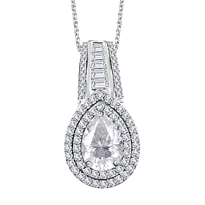 Moissanite Double Halo Pendant Necklace 20 Inches in Platinum Over Sterling Silver 3.00 ctw
