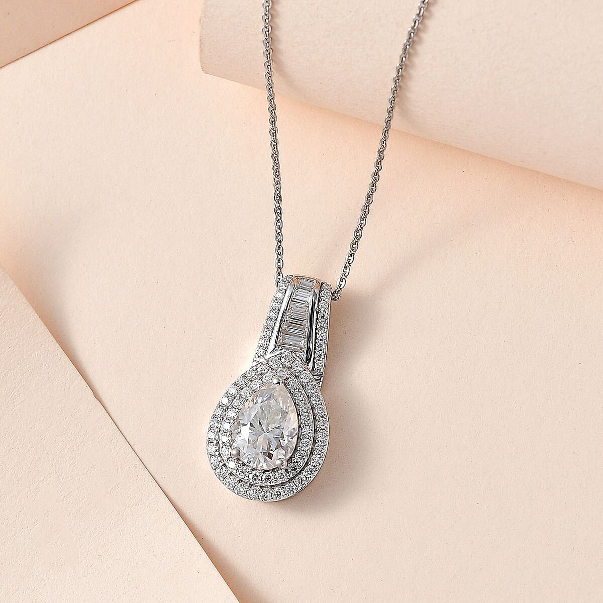 Moissanite Double Halo Pendant Necklace 20 Inches in Platinum Over Sterling Silver 3.00 ctw image number 1