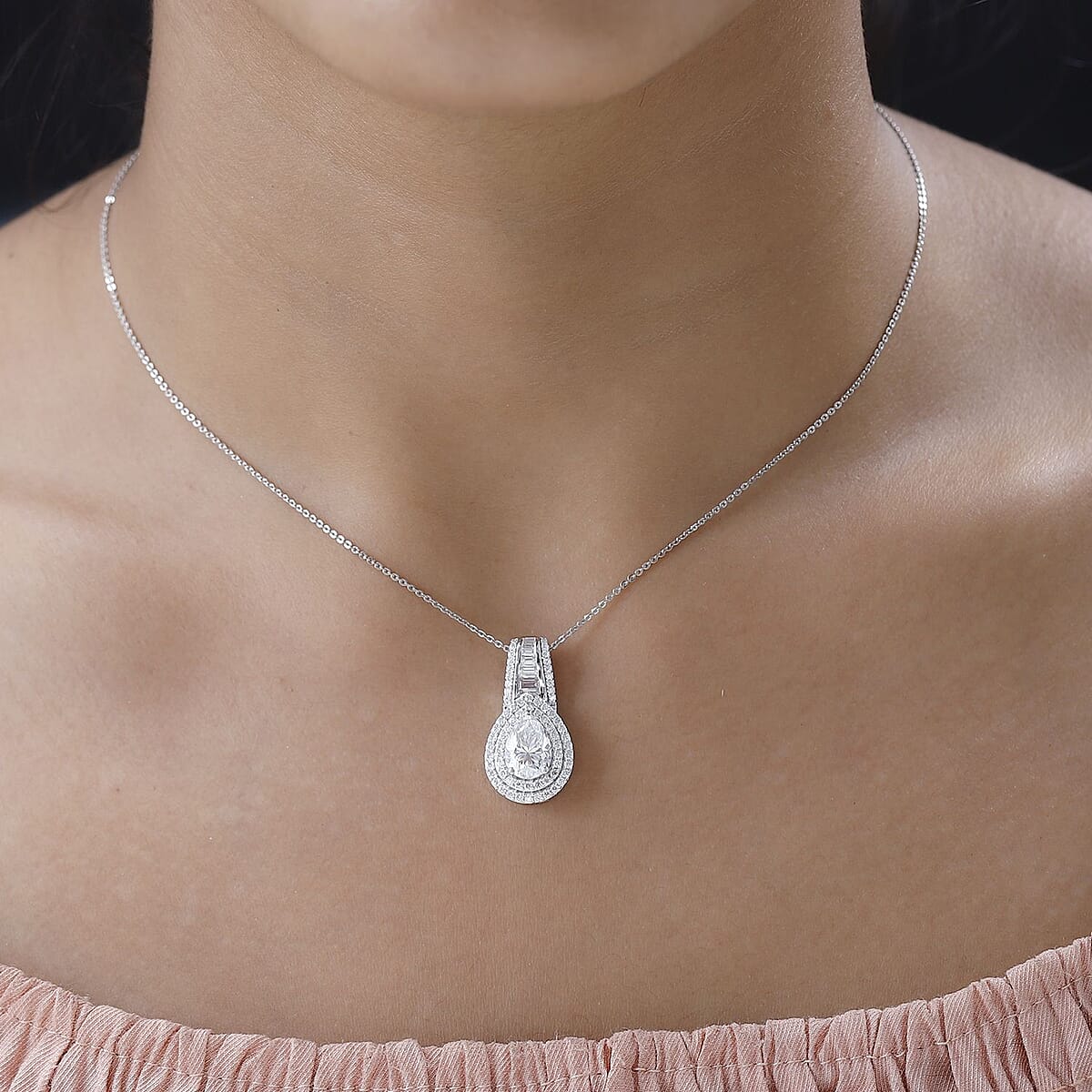 Moissanite Double Halo Pendant Necklace 20 Inches in Platinum Over Sterling Silver 3.00 ctw image number 2