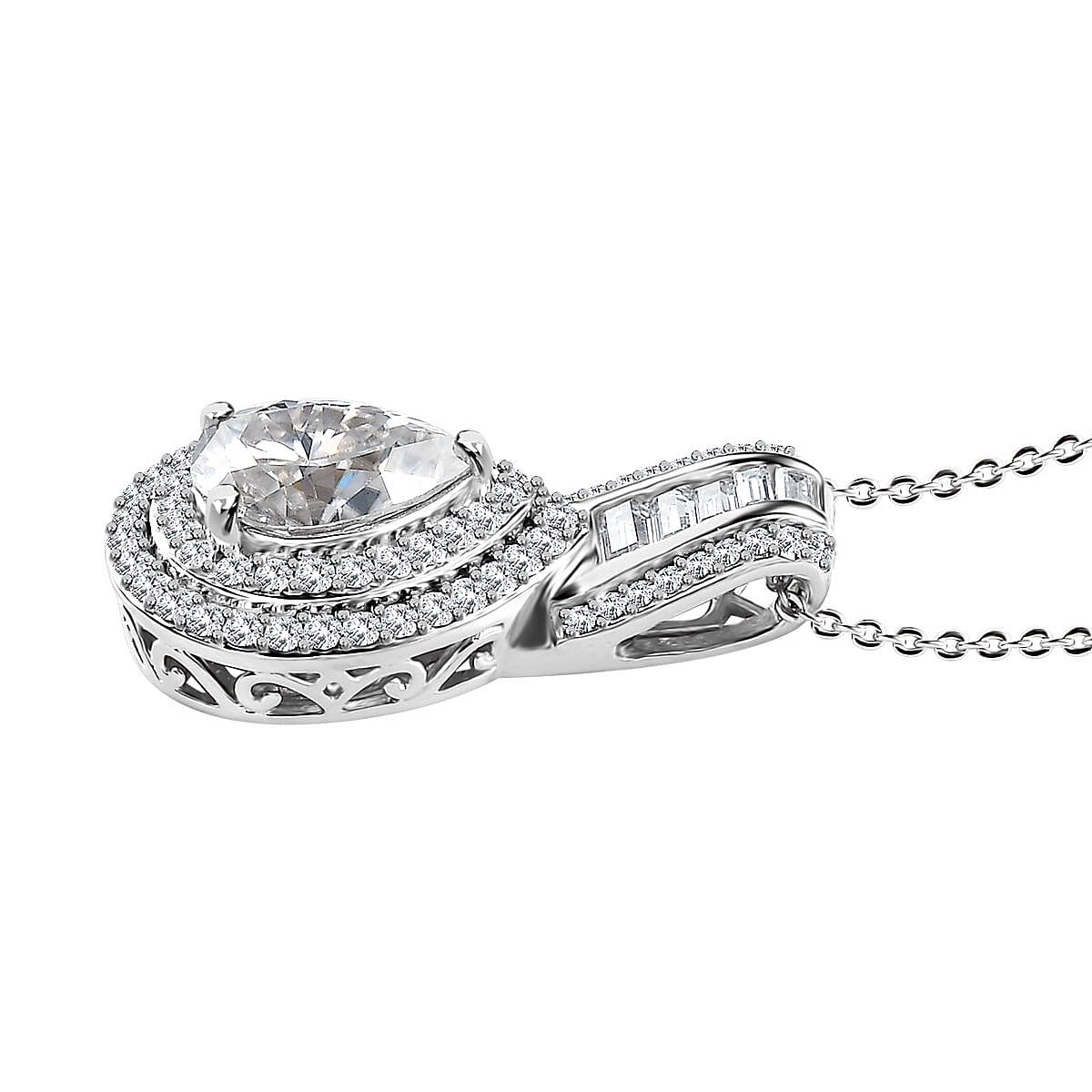 Moissanite Double Halo Pendant Necklace 20 Inches in Platinum Over Sterling Silver 3.00 ctw image number 3