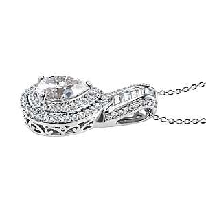 Moissanite Double Halo Pendant Necklace 20 Inches in Platinum Over Sterling Silver 3.00 ctw