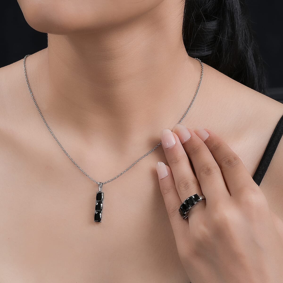 Elite Shungite 5 Stone Ring (Size 6) and Pendant Necklace (20 Inches) in Stainless Steel 3.60 ctw image number 2