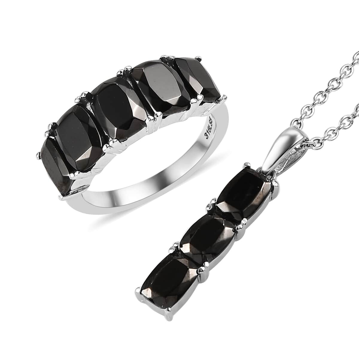 Elite Shungite 5 Stone Ring Size 7 and Pendant Necklace 20 Inches in Stainless Steel 3.60 ctw image number 0