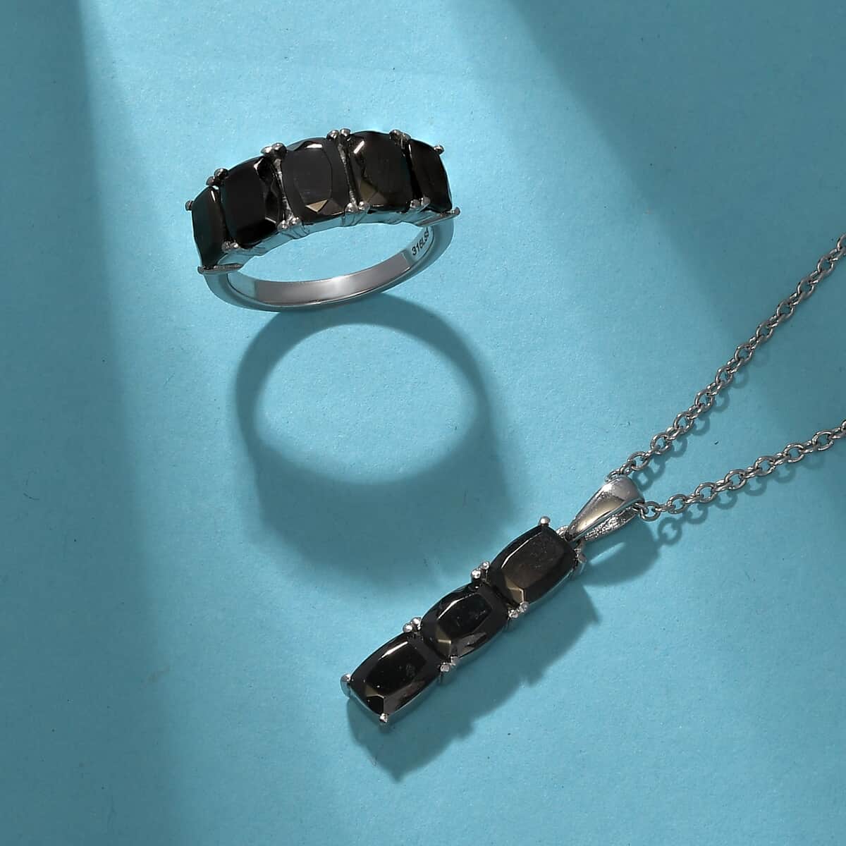 Elite Shungite 5 Stone Ring Size 7 and Pendant Necklace 20 Inches in Stainless Steel 3.60 ctw image number 1