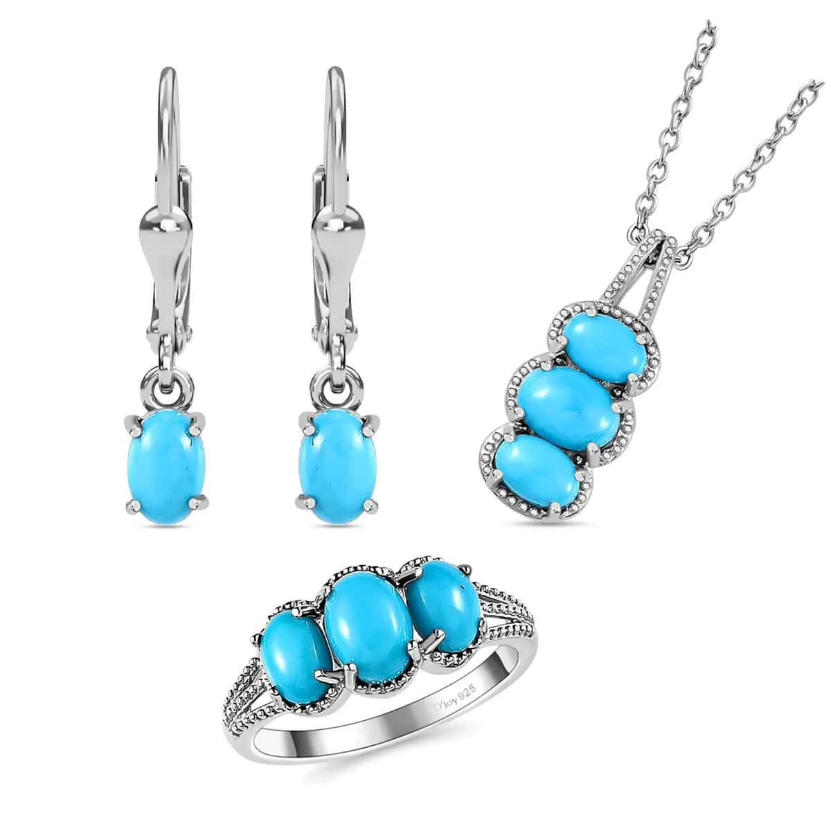 Doorbuster Sleeping Beauty Turquoise Lever Back Earrings, 3 Stone Ring (Size 5.0) and Pendant in Platinum Over Sterling Silver with Stainless Steel Necklace 20 Inches 4.10 ctw image number 0