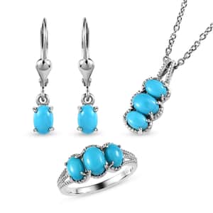 Doorbuster Sleeping Beauty Turquoise Lever Back Earrings, 3 Stone Ring (Size 5.0) and Pendant in Platinum Over Sterling Silver with Stainless Steel Necklace 20 Inches 4.10 ctw
