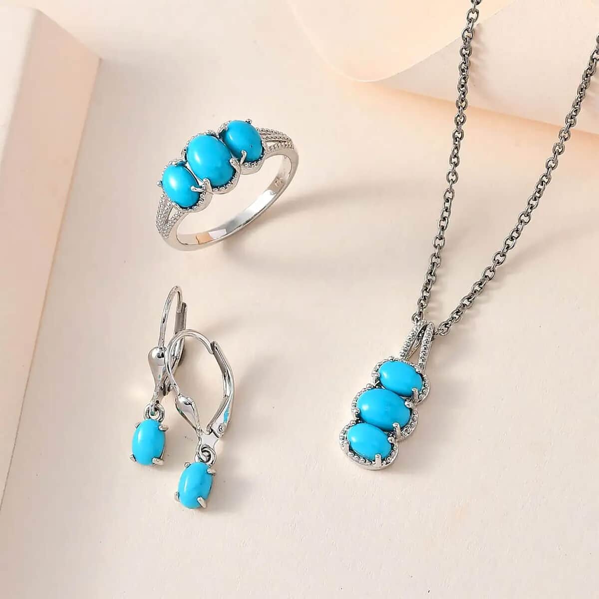 Doorbuster Sleeping Beauty Turquoise Lever Back Earrings, 3 Stone Ring (Size 5.0) and Pendant in Platinum Over Sterling Silver with Stainless Steel Necklace 20 Inches 4.10 ctw image number 1