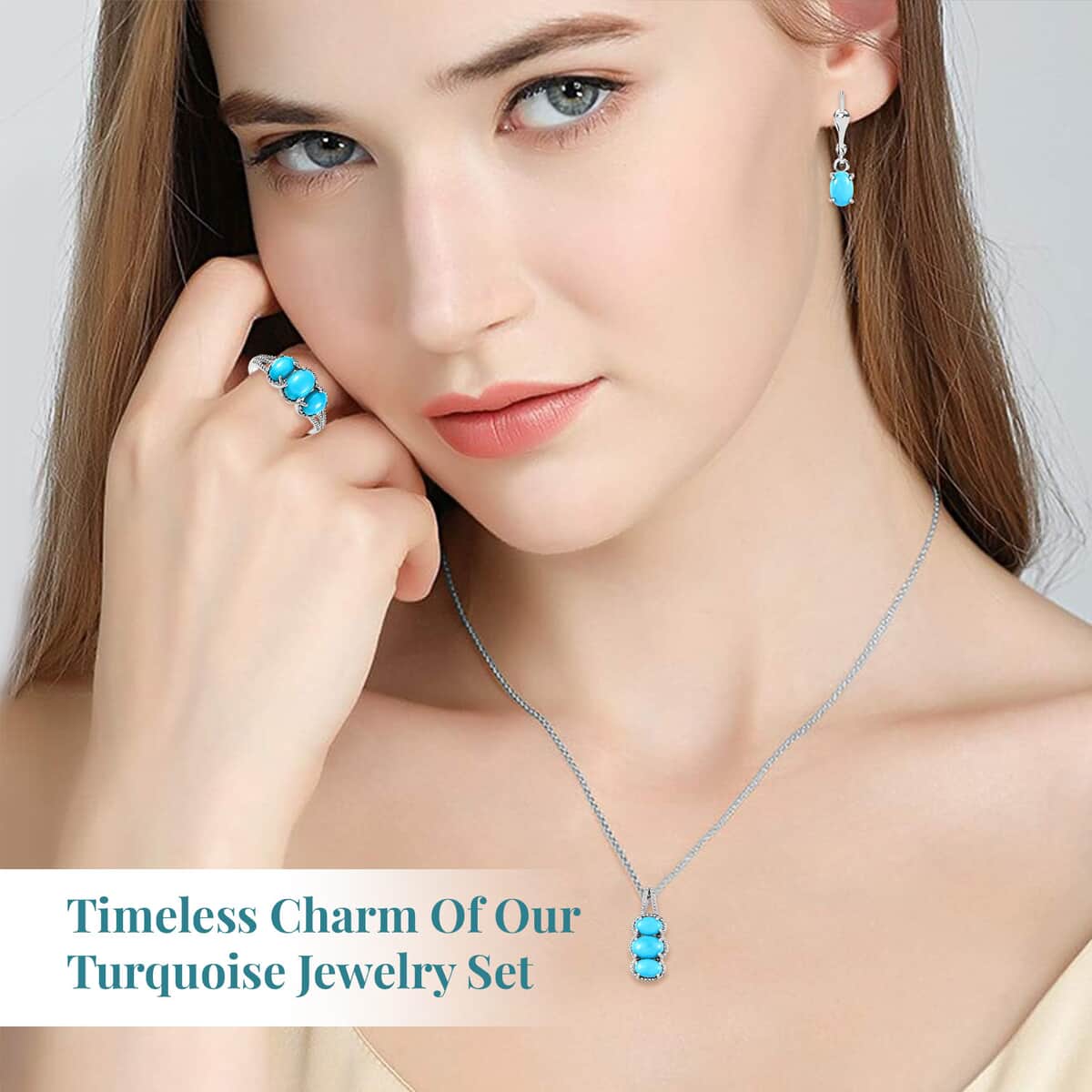 Doorbuster Sleeping Beauty Turquoise Lever Back Earrings, 3 Stone Ring (Size 5.0) and Pendant in Platinum Over Sterling Silver with Stainless Steel Necklace 20 Inches 4.10 ctw image number 2