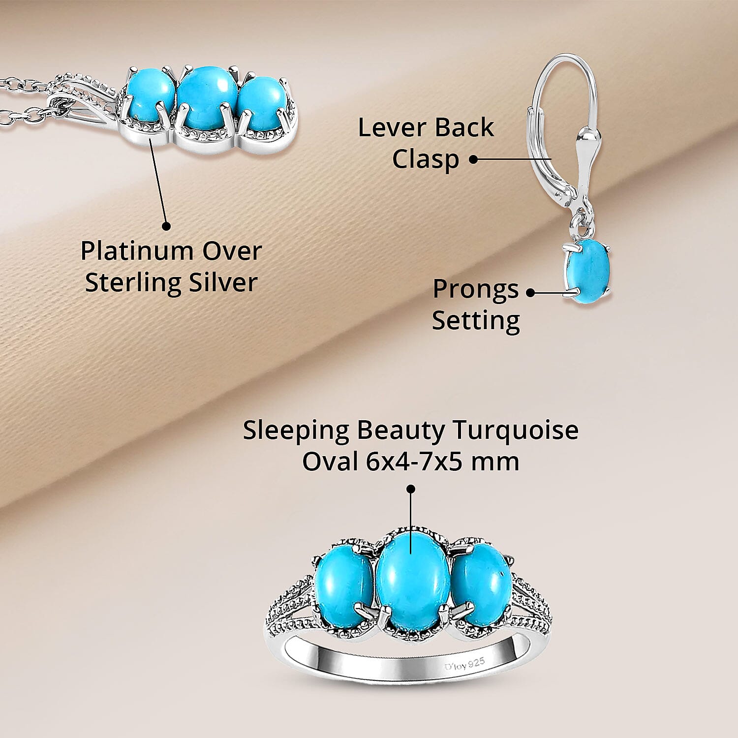 Sleeping Beauty Turquoise Lever Back Earrings, 3 Stone Ring (Size 5.0) and Pendant in Platinum Over Sterling Silver with Stainless Steel Necklace 20 Inches 4.10 ctw