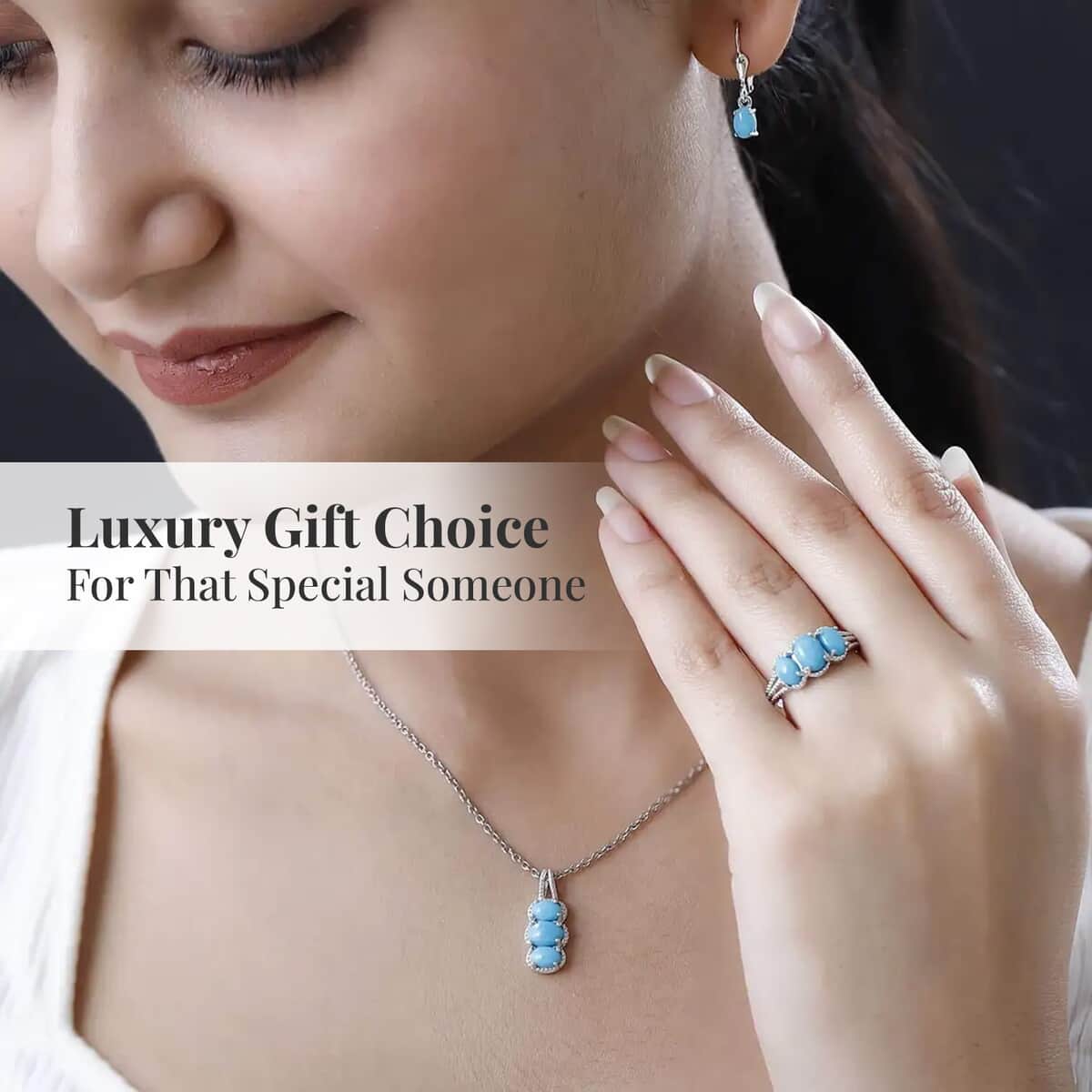 Doorbuster Sleeping Beauty Turquoise Lever Back Earrings, 3 Stone Ring (Size 5.0) and Pendant in Platinum Over Sterling Silver with Stainless Steel Necklace 20 Inches 4.10 ctw image number 6